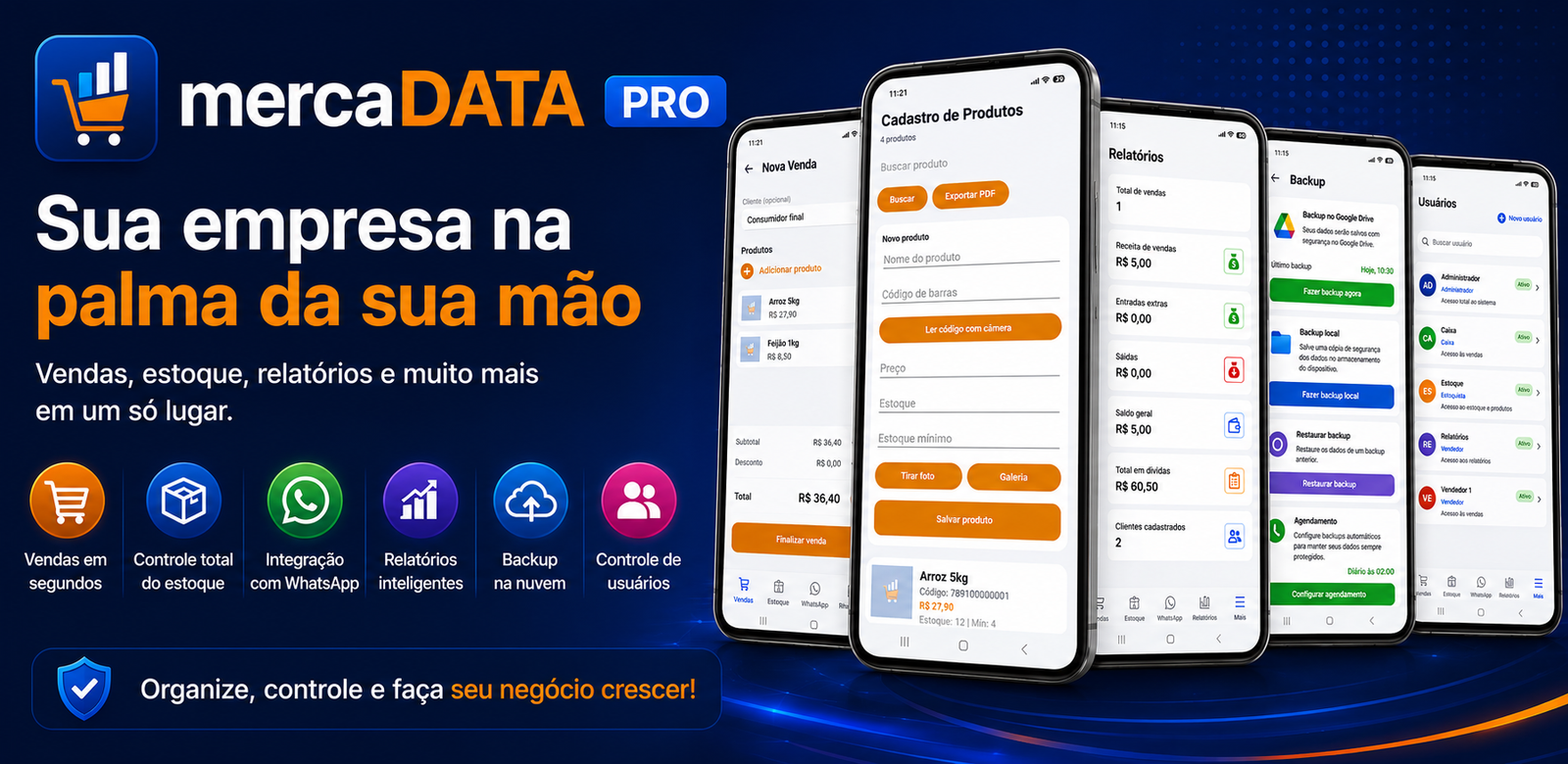 Banner promocional do mercaDATA PRO com telas do aplicativo